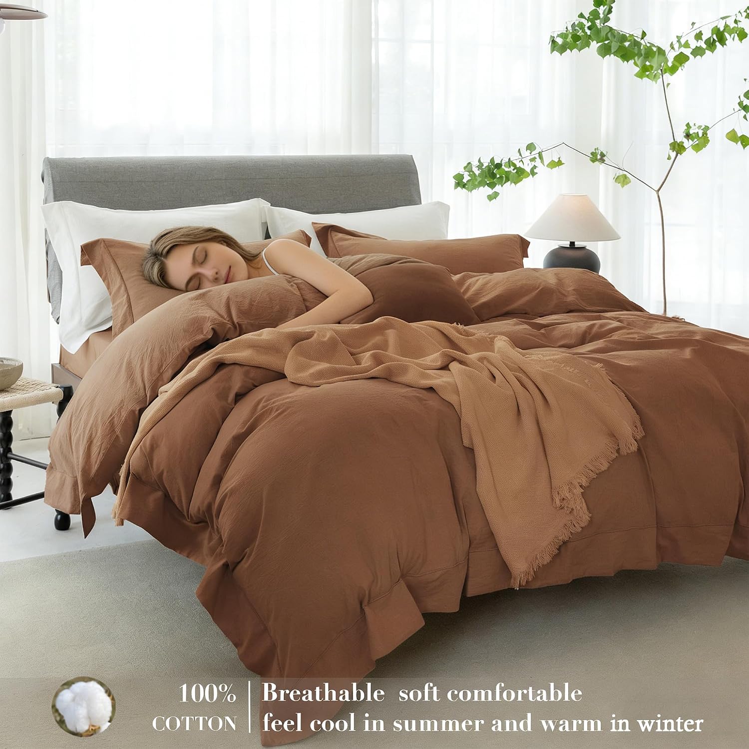 Cooling Duvet Cover Set 3 Pieces-100% Washed Cotton with Chic Wide Trim Design Linen Like Textured Ultra Soft Cozy Bedding with Zipper Closure(Hemmed Dark Orange,Oversized King 120'x98')