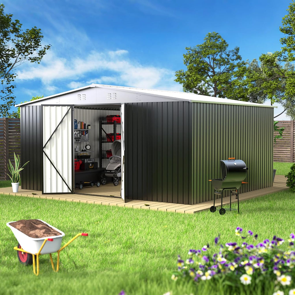 14 x 12FT Outdoor Storage Shed, Metal Waterproof Storage Shed Steel Utility Garden Tool Shed with Door & Lock Outdoor Storage,All-Weather Shelter for Bike, Gardening Tools, Lawn Mowers,White