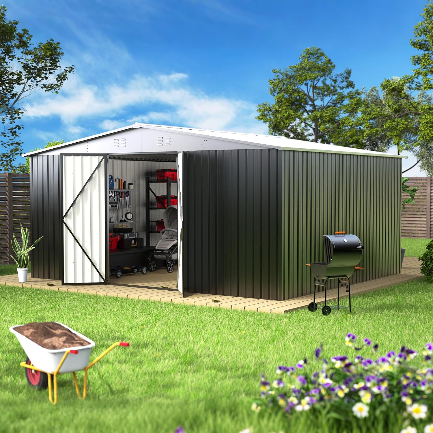 14 x 12FT Outdoor Storage Shed, Metal Waterproof Storage Shed Steel Utility Garden Tool Shed with Door & Lock Outdoor Storage,All-Weather Shelter for Bike, Gardening Tools, Lawn Mowers,White