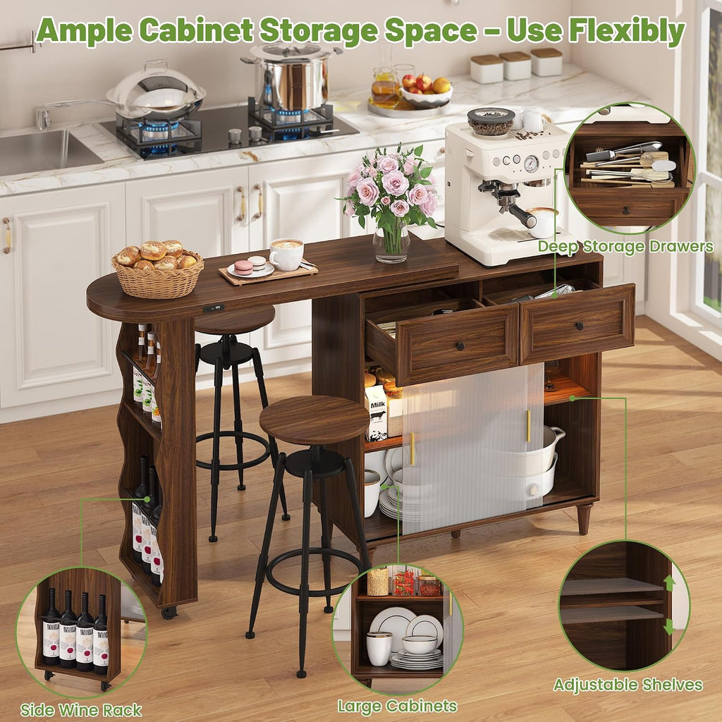 69' Kitchen Island with 360° Rotating Table, Bluetooth Speakers, LED Lighting, Adjustable Shelves, Storage Cabinet & Power Outlet – Walnut Finish Extendable Dining Table for Kitchen, Dining Room, Bar