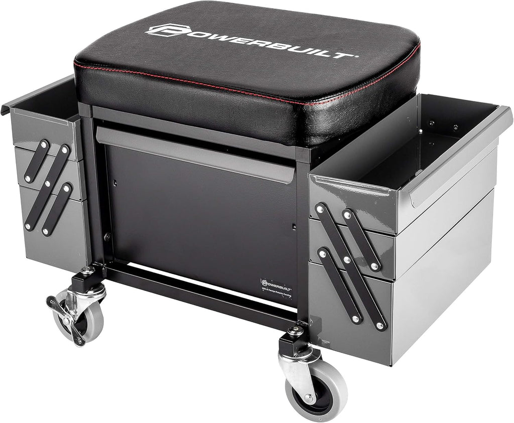 Powerbuilt Rolling Seat with Expandable Tool Trays, Roller Toolbox Garage Stool - Grey 941918ECE