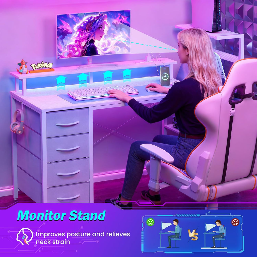 59 Inch Gaming Desk with LED Lights and Power Outlets, Computer Desk with Storage Shelves, Fabric Drawers, Monitor Stand & Side Hook, Reversible Gamer Table for Home Office, Carbon Fiber White