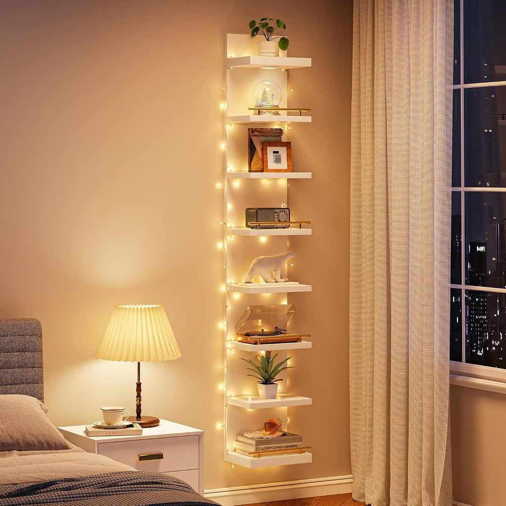 DurayLoly 2 Pack 8 Tier Wall Shelf Unit, White Floating Shelves, Display Shelf with LED Light, Floating Shelf for Living Room, Bedroom or Vanity Storage