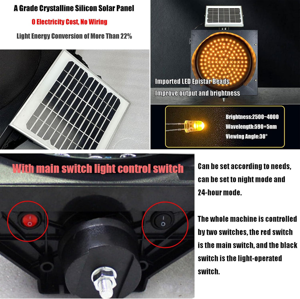 Solar Traffic Signal Light - Yellow Flashing Warning Sign, IP65 Waterproof Emergency Lamp for Road Safety, Available in 20cm, 30cm, 40cm Sizes - Durable PC Shell