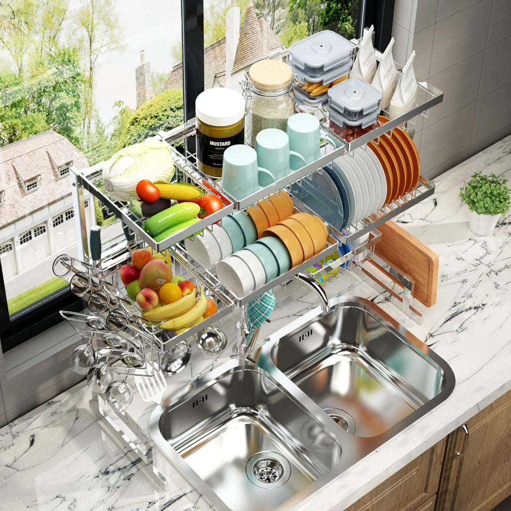 PUSDON Over Sink Dish Drying Rack Stainless Steel, Adjustable Large Dish Drainer for Storage Kitchen Organization Silver 3 Tier - Standard(34'-46')