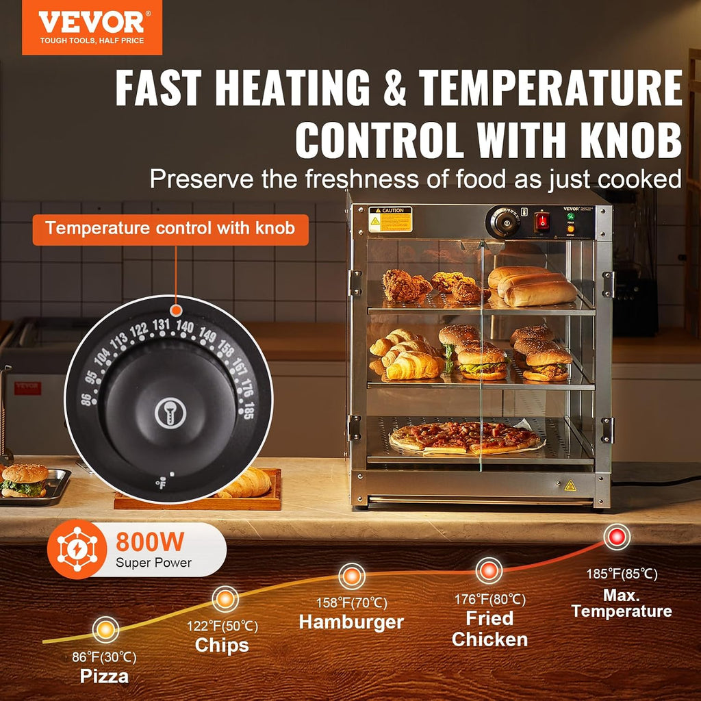 VEVOR 3-Tier Commercial Food Warmer Display, 800W Food Display Warmer with Light to Enhance Food Display, 86℉~185℉ Temperature Control, 90L Large Capacity for Hamburger, Pizza, Bread, Fried Chicken