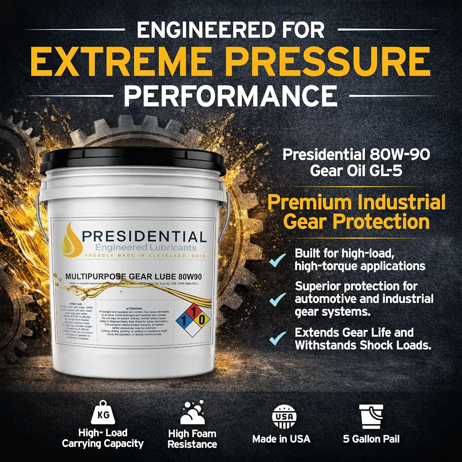 Presidential 80W-90 Gear Oil GL-5 - Industrial Gear Lubricant - Premium Oils for Extended Gear Life – High Foam Resistance - High-Load Carrying Capacity - Made in USA (5 gal)