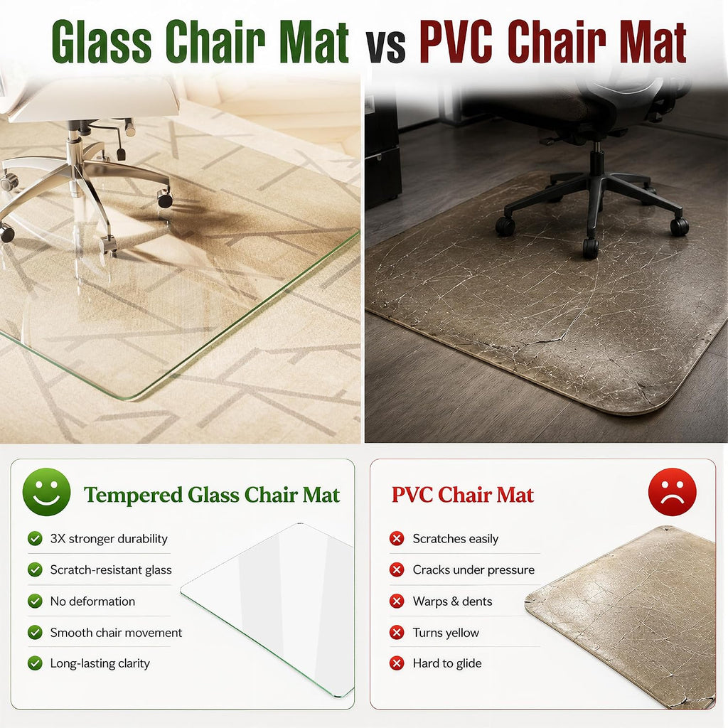 VETROUVE 48' x 60' Chair Mat for Carpet, Heavy Duty Hard Tempered Glass Desk Office Mat on Carpet or Hard Floor with 4 Anti-Slip Pads, 1/5' Thick, Smooth Rolling, Scratch Resistant, Transparent