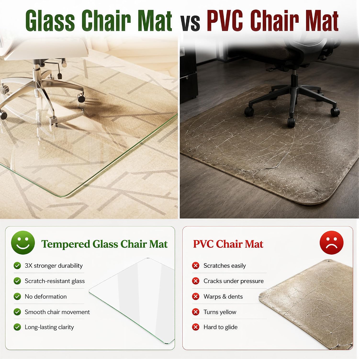 VETROUVE 48' x 60' Chair Mat for Carpet, Heavy Duty Hard Tempered Glass Desk Office Mat on Carpet or Hard Floor with 4 Anti-Slip Pads, 1/5' Thick, Smooth Rolling, Scratch Resistant, Transparent