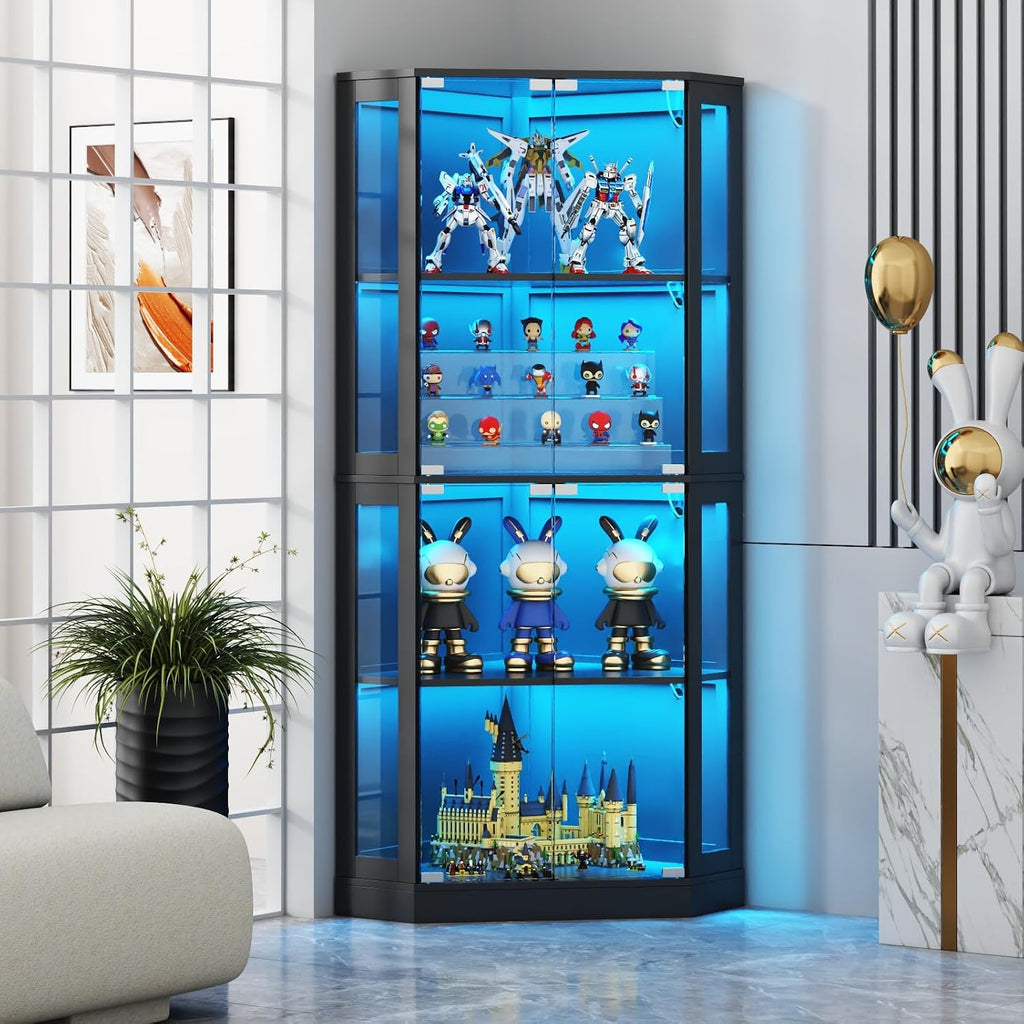 Gyfimoie Corner Display Cabinet with Multi-Color LED Lights, Modern Curio Cabinet with Glass Doors, 4 Tier Glass Display Case for Toys, Books & Other Collectibles