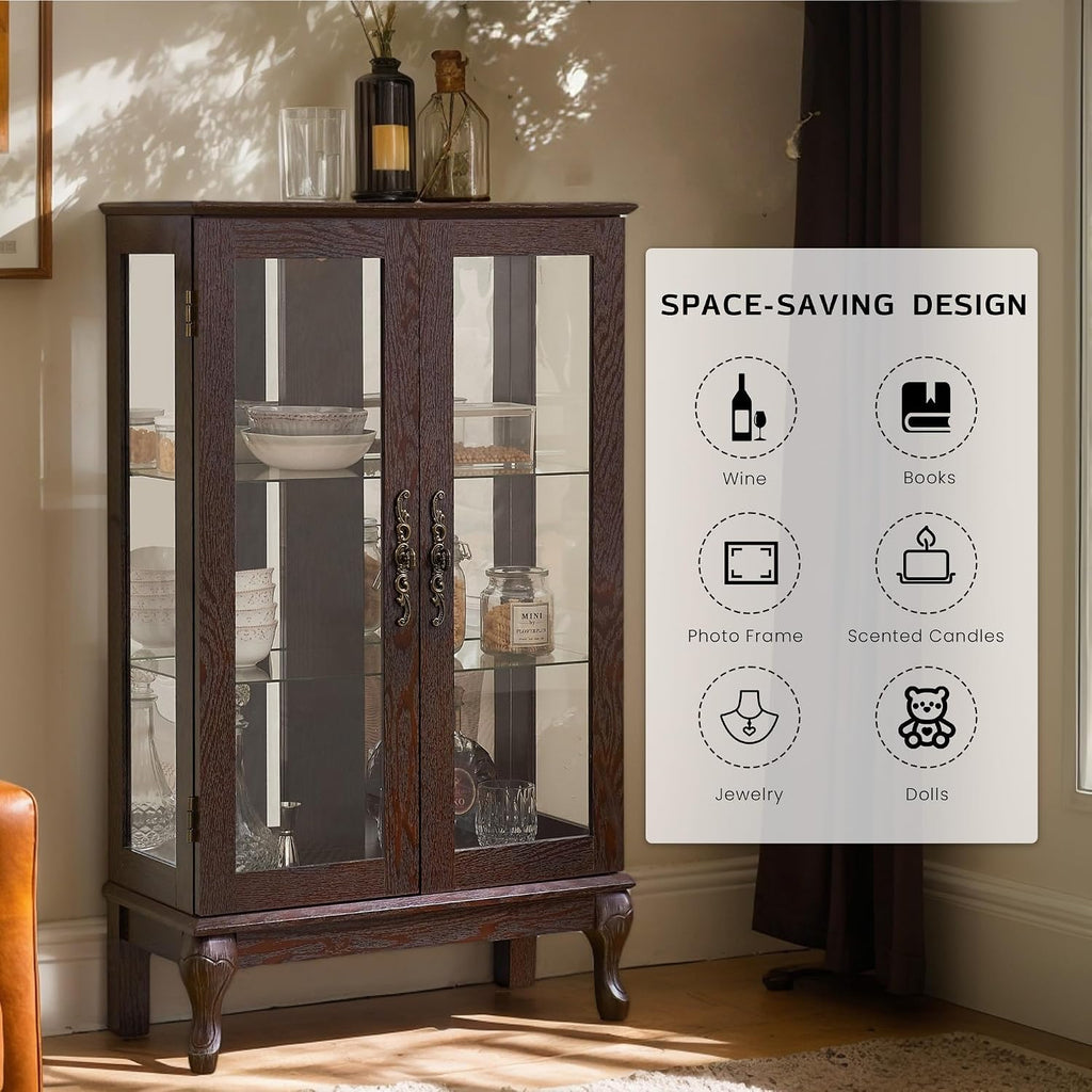 44' Small Lighted Glass Accent Curio Cabinet, Vintage China Cage with Tempered Glass Doors & Adjustable Shelves, Acrylic Mirrored Pane, Elegant Wine Artwork Showcase for Living Room (Dark Cherry)