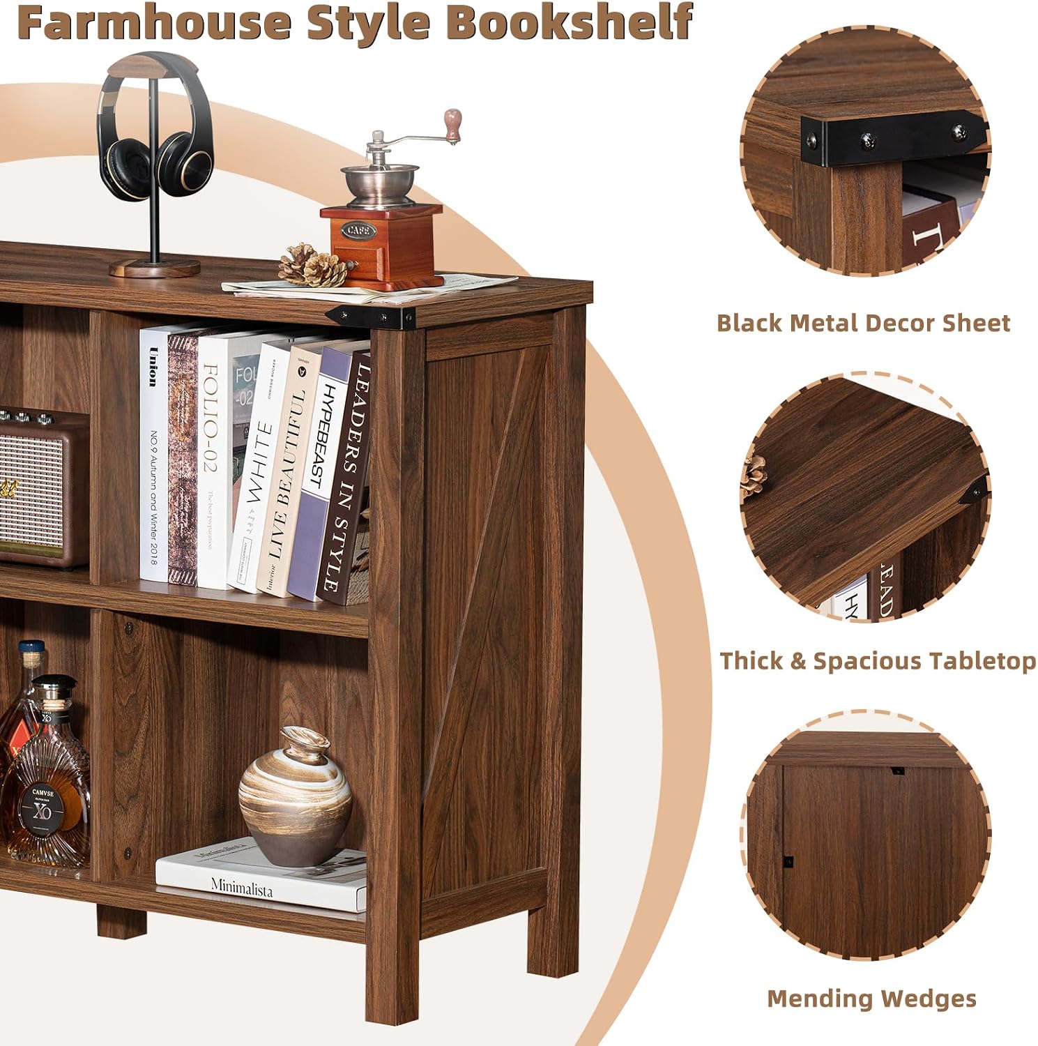 Joaxswe 8 Cube Book Shelf, Farmhouse Wood Long Storage Organizer Bookcase, 62' Horizontal Brown Walnut Console Closet Bookshelf, Hallway TV Stand for Entryway, Display Cabinet Book Case for Office