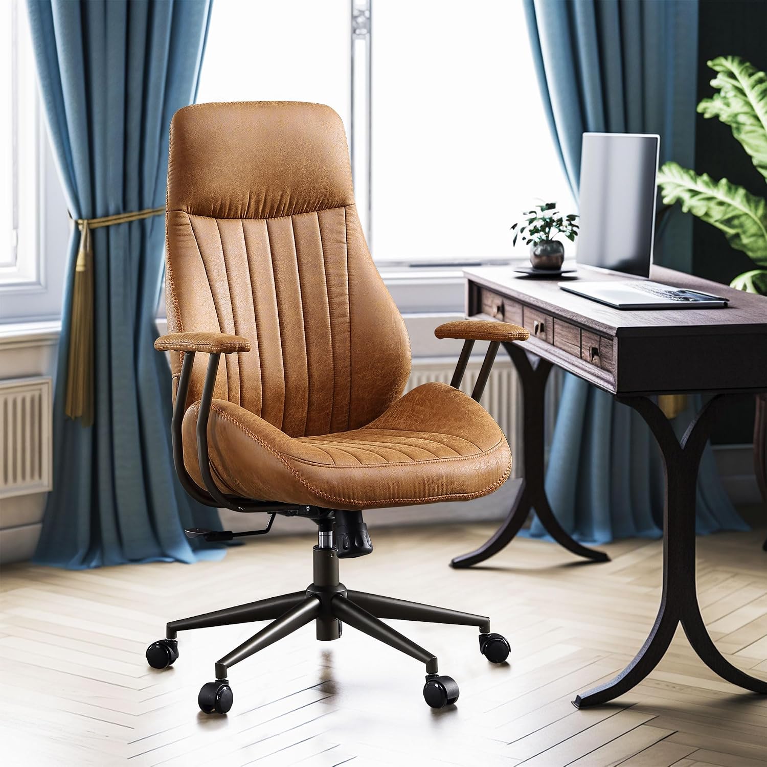CAODOC High Back Office Chair,Modern Swivel Office Chair,Brown Suede Fabric Gaming Chair,Height Adjustable Home Office Desk Chair with Lumbar Support