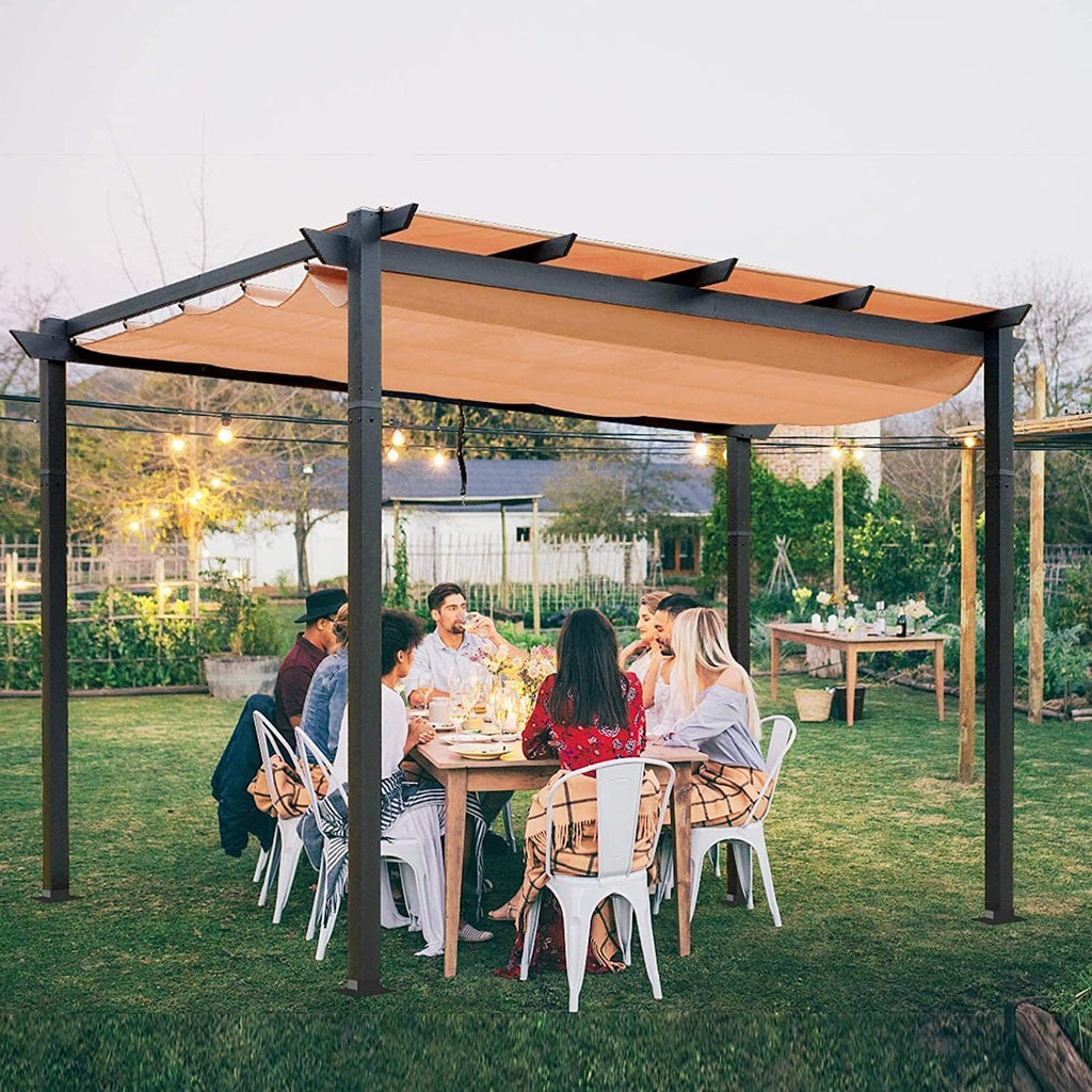 Domi 10' X 13' Outdoor Retractable Pergola with Sun Shade Canopy, Patio Aluminum Pergola for Garden, Beach, Porch, Party, Grill Gazebo, Grape Trellis, Beige