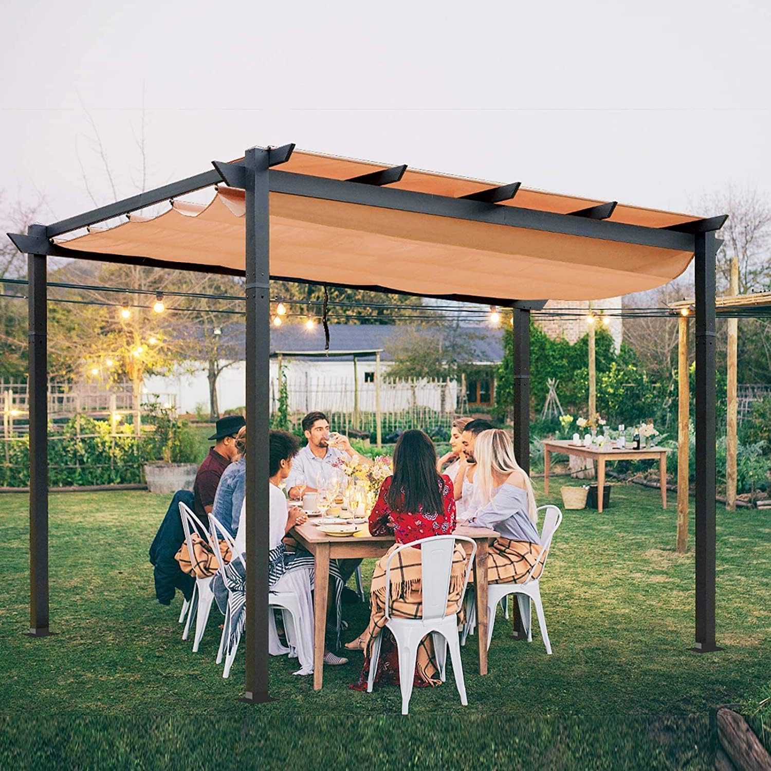 Domi 10' X 13' Outdoor Retractable Pergola with Sun Shade Canopy, Patio Aluminum Pergola for Garden, Beach, Porch, Party, Grill Gazebo, Grape Trellis, Beige