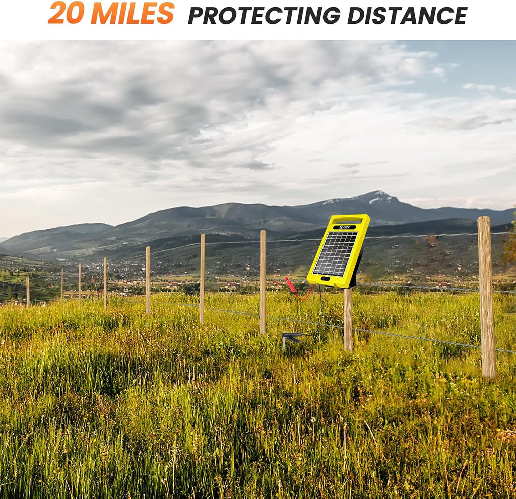 24 Hour Solar Electric Fence Charger, 20 Miles, Up to 10200v Output Range Electric Fence Charger, 0.32J Portable Energizer with Rechargeable Solar Panel for Livestock & Predator Protection