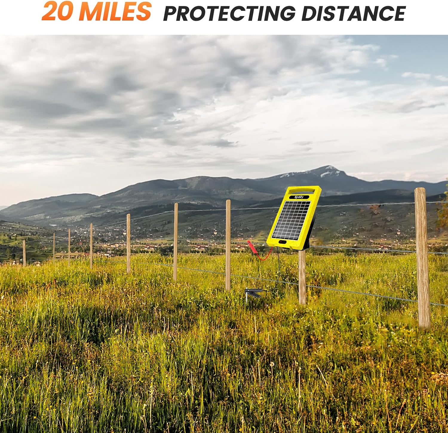 24 Hour Solar Electric Fence Charger, 20 Miles, Up to 10200v Output Range Electric Fence Charger, 0.32J Portable Energizer with Rechargeable Solar Panel for Livestock & Predator Protection