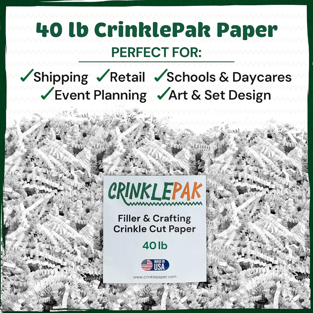 40LB USA Made White Crinkle Paper Filler | Great Shredded Paper For Gift Baskets, Shipping Packages, Gift Box Filler, Basket Filler, Birthdays, Weddings, Anniversaries | White Crinkle Shred