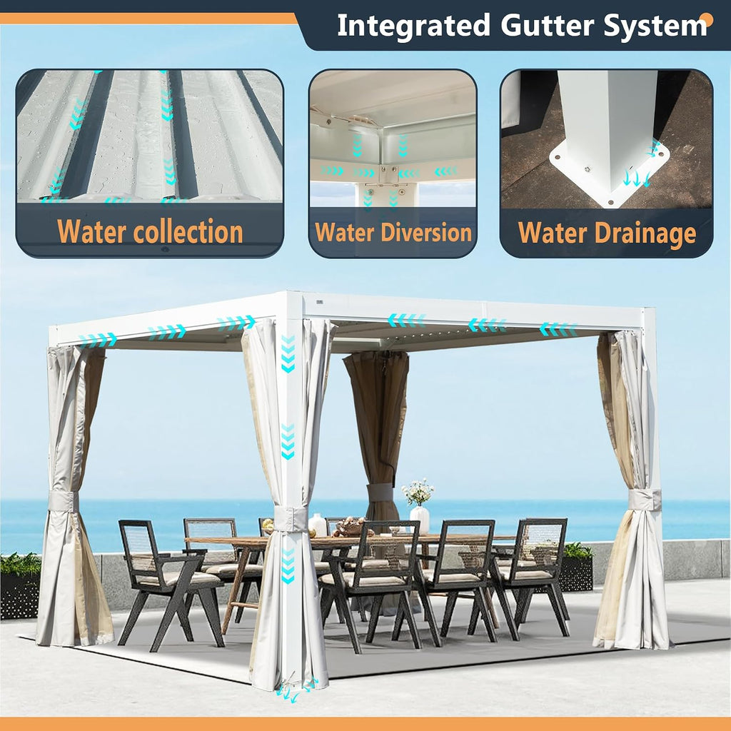 Domi 10'x10' Aluminum Louvered Pergola Outdoor Pergola with Adjustable Roof Sun Shade Gazebo with Gutter System for Backyard Garden Deck (White)