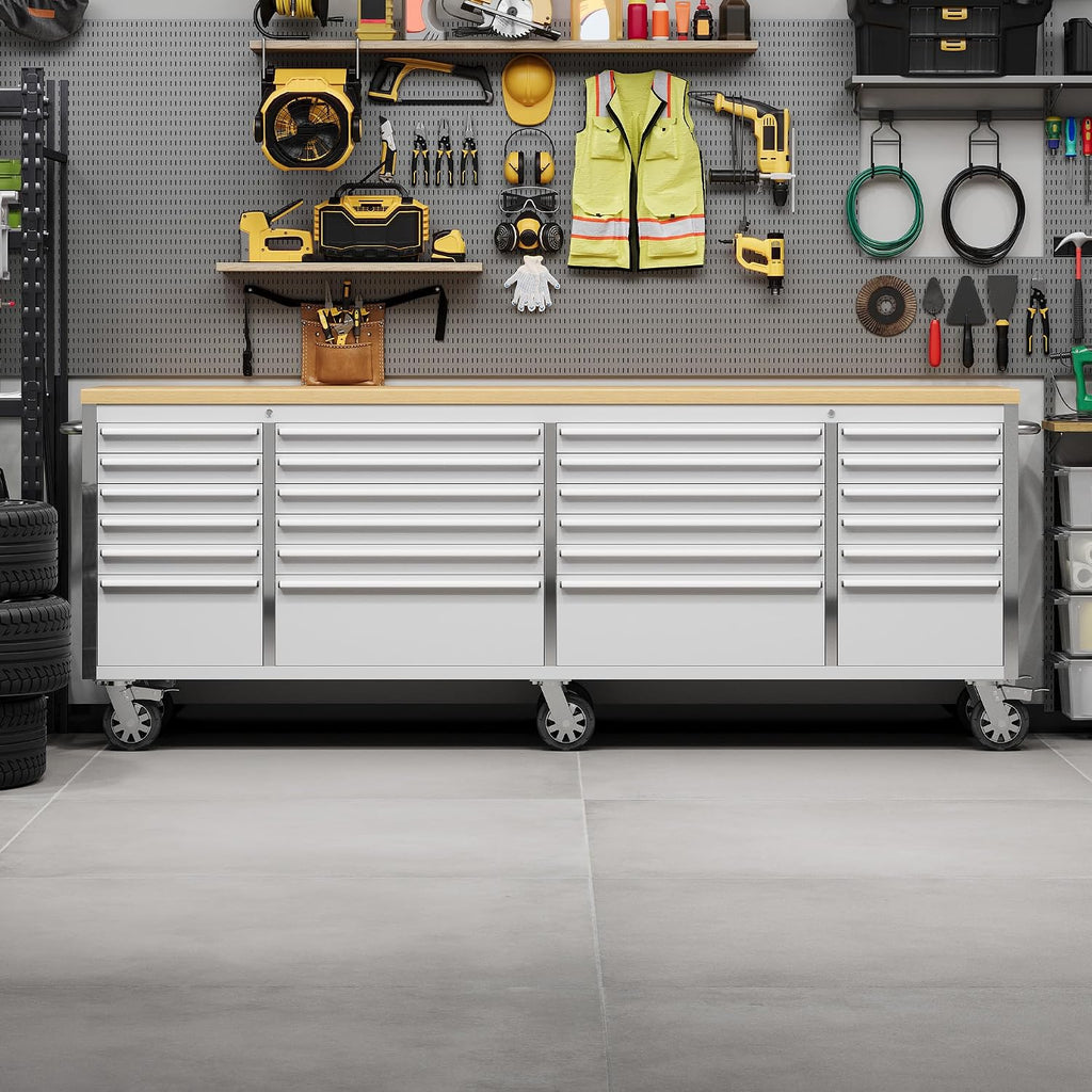 GarveeLife 96-Inch Rolling Tool Chest with 24 Drawers Garage Workbench, Solid Rubberwood Top, Storage Cabinet with Wheel Lock and Key Lock for Workshop, Garage, Kitchen and Home