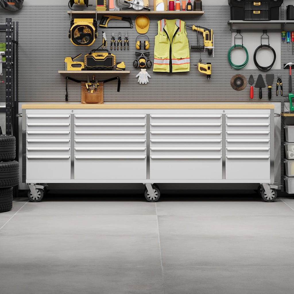PeakPursuit 96' Rolling Tool Chest with 24 Drawers, Solid Rubber Wood Workbench Top, Locking Wheels & Key Lock, Mobile Garage Storage Cabinet for Workshop Organization, Silver
