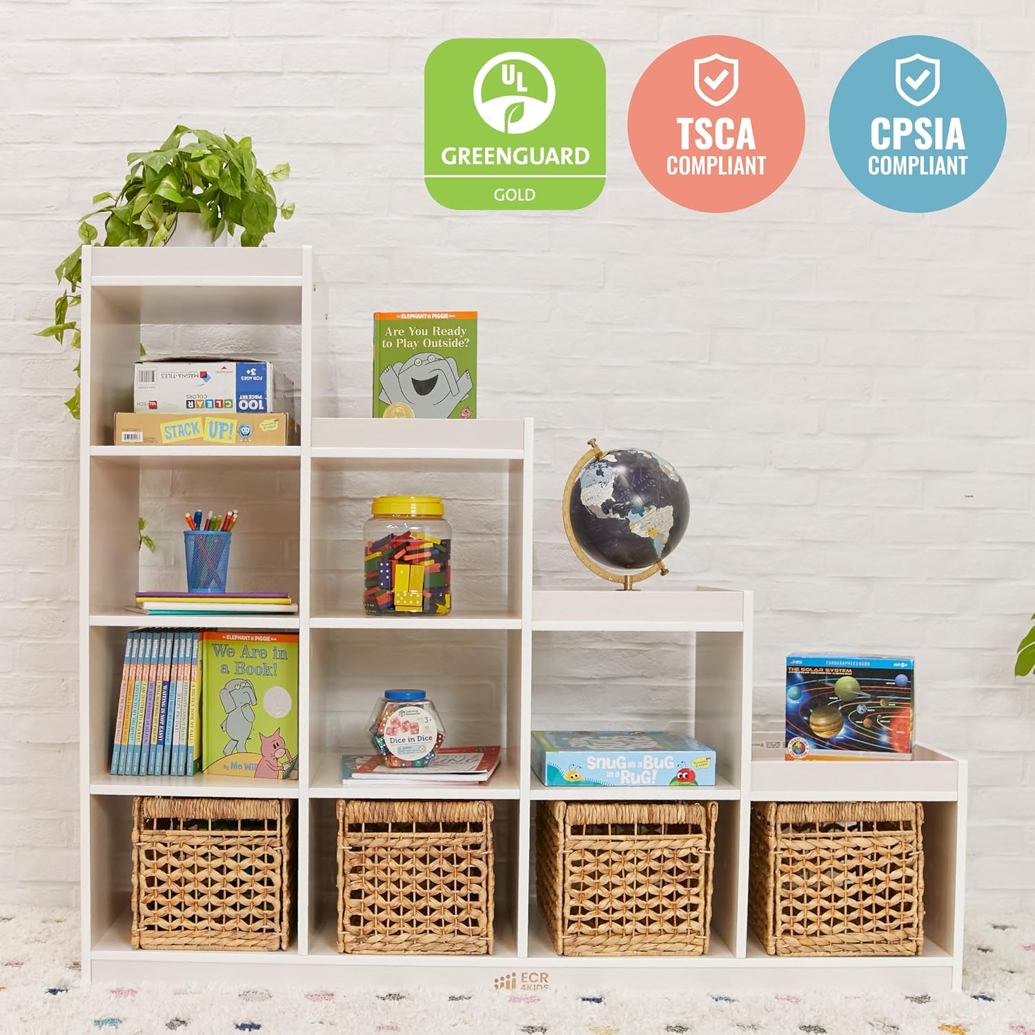 ECR4Kids 4-3-2-1 Double-Sided Cube Storage Organizer, Classroom Furniture, White Wash