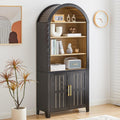 71' Tall Arched Bookcase, Arch Bookshelf with Doors , Modern Farmhouse Book Shelf Storage Cabinet with Adjustable Shelves, Wood Bookshelf w/Open Display for Living Room, Office Decor (Black/Natural)