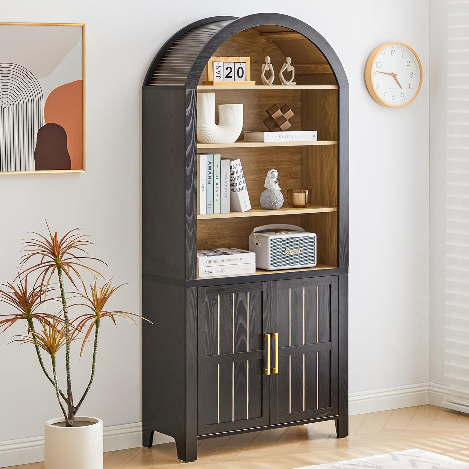 71' Tall Arched Bookcase, Arch Bookshelf with Doors , Modern Farmhouse Book Shelf Storage Cabinet with Adjustable Shelves, Wood Bookshelf w/Open Display for Living Room, Office Decor (Black/Natural)
