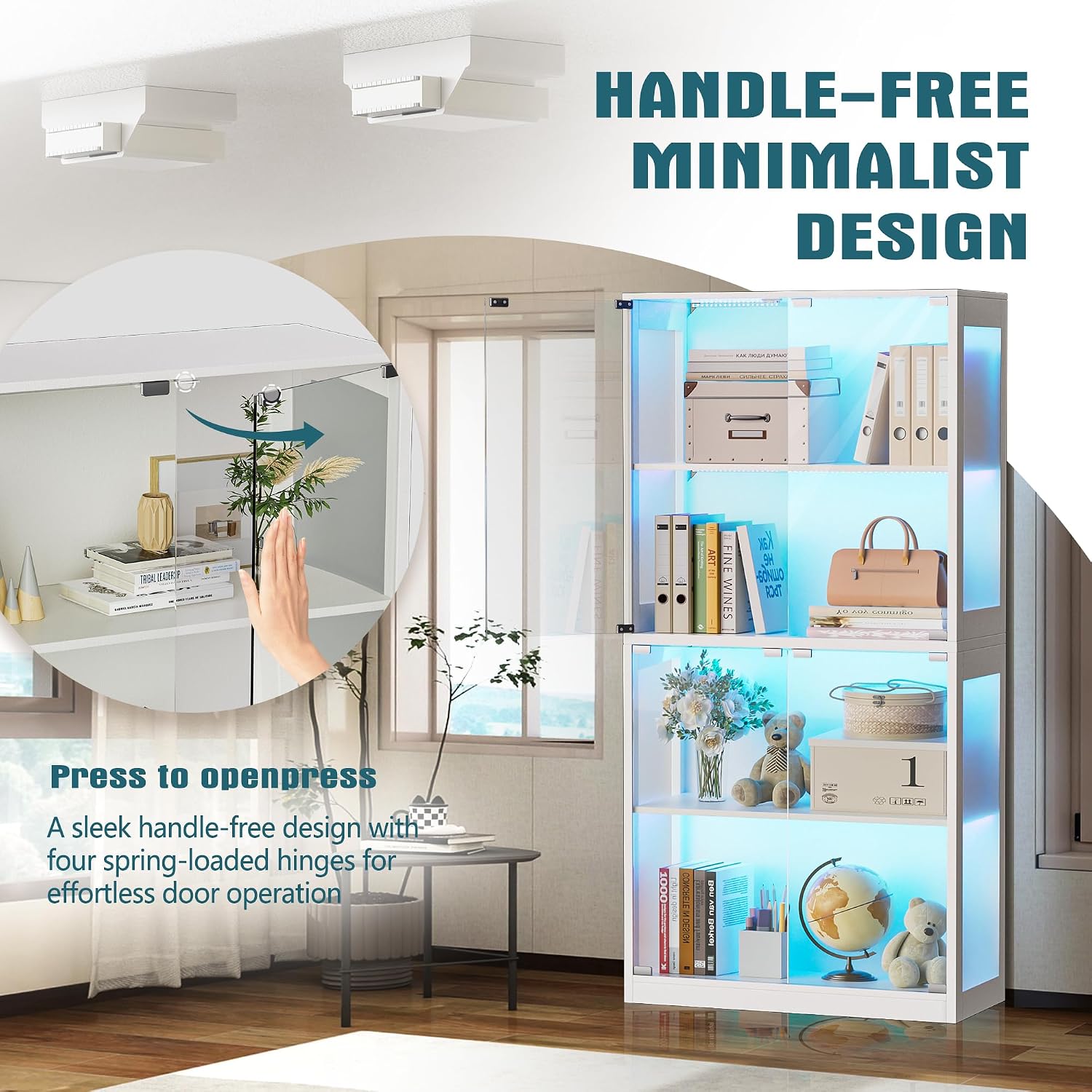 Grepatio Glass Display Cabinet, 4-Tier Display Cases for Collectibles, Curio Cabinet with 12 Color Lights, Display Shelf Bookcase Kids Toy Cabinets for Collectible, Living Room, Playroom (White)