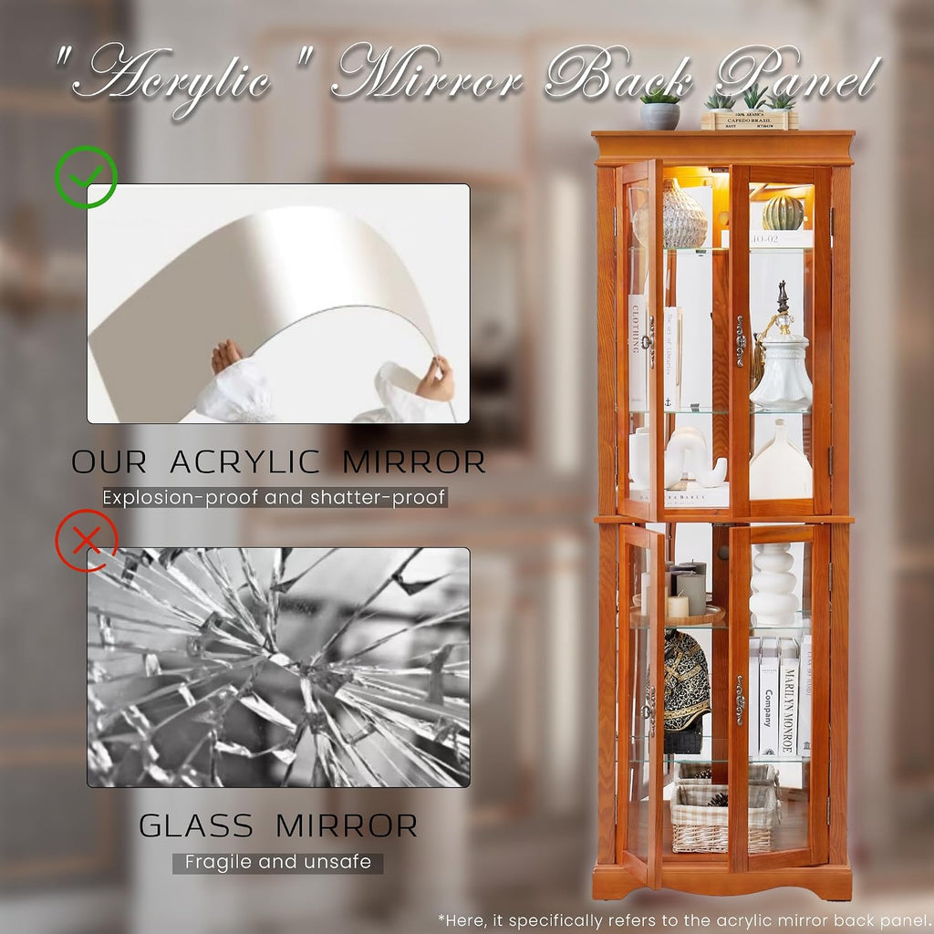71' Lighted Curio Cabinet with 6 Adjustable Shelves, Vintage Glass Display Case, Tempered Glass Doors, Tall Wine Bar Cabinet for Living Room Liquor Storage, Bulb Included