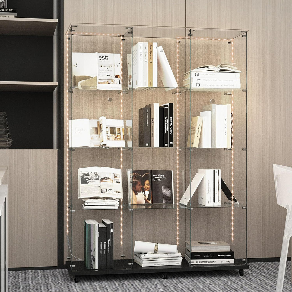 65' Tall Tempered Glass Display Cabinet with LED Lights&Rolling Wheels, Curio Cabinet with 4 Shelves with 2 Door, Quick-Install Style Floor Standing Bookshelf File Cabinet for Living Room Office