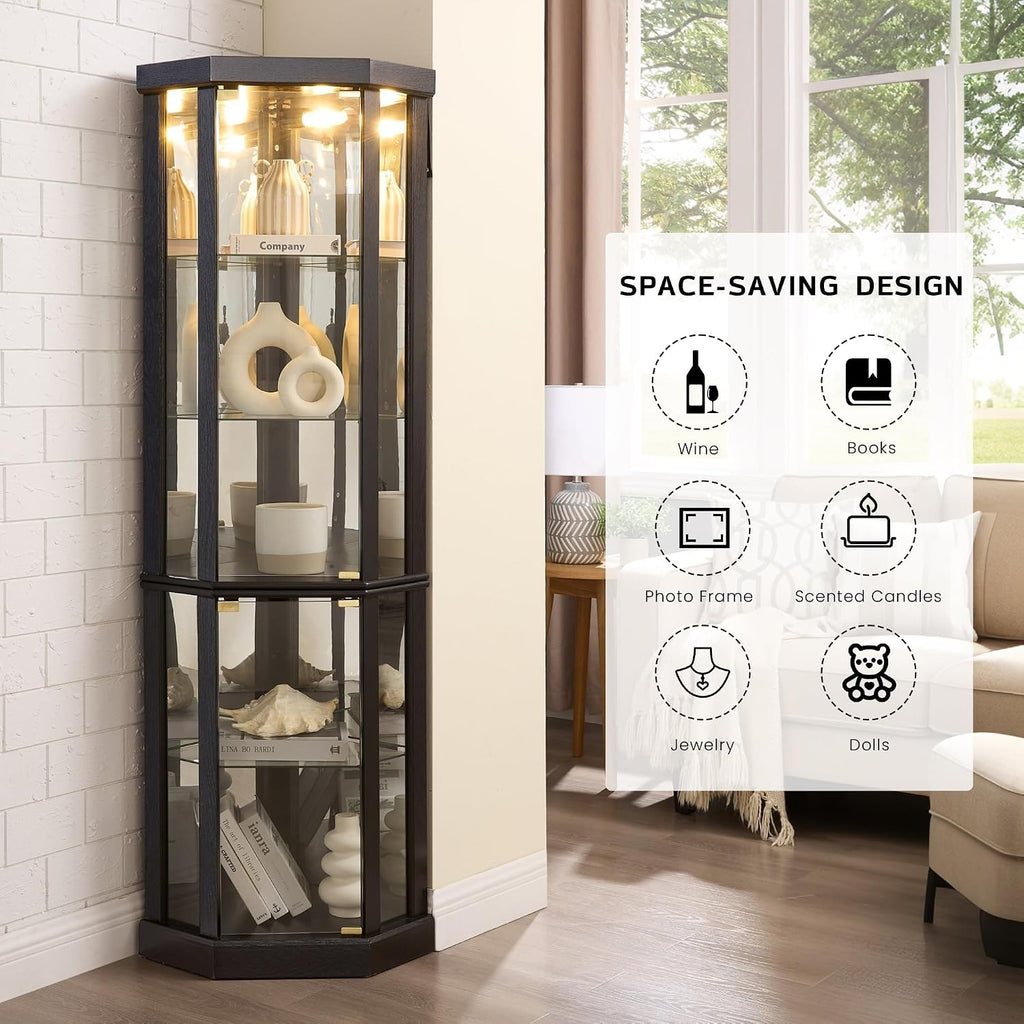 Corner Curio Cabinet, 70' H Lighted Glass Display Cage with Tempered Glass Doors and 5 Adjustable Shelves, Light Bulb Inclued, Wine Bar China Cabinet for Living Room (Black)
