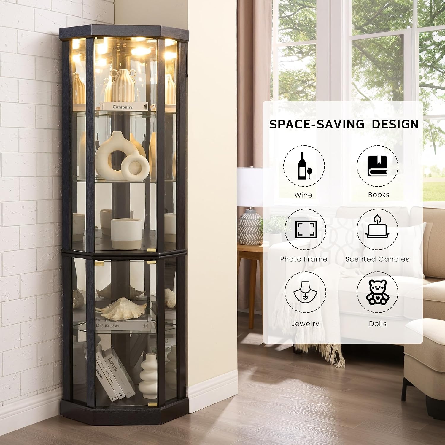 Corner Curio Cabinet, 70' H Lighted Glass Display Cage with Tempered Glass Doors and 5 Adjustable Shelves, Light Bulb Inclued, Wine Bar China Cabinet for Living Room (Black)