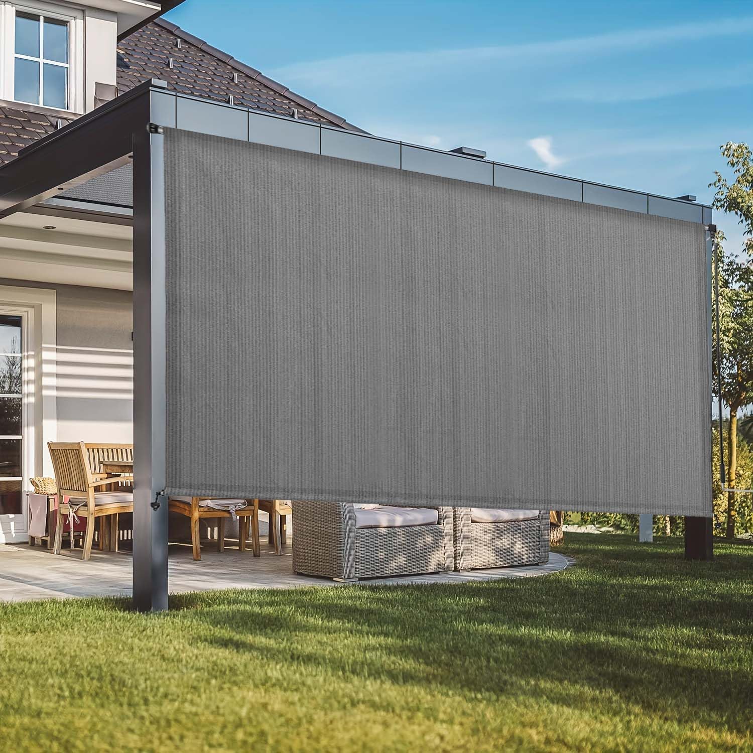 8' W x 8' H Outdoor Roller Shade with Crank Handle, Cordless Patio Sun Shade for Porch, Gazebo, Pergola, Grey UV Blocking Exterior Blinds