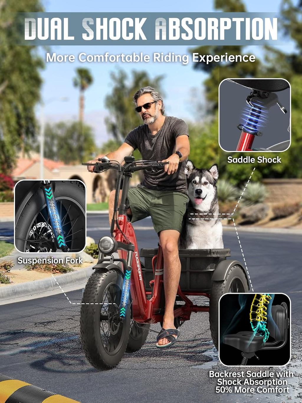 PUCKIPUPPY Dual Battery Electric Tricycle with 110-Mile High Range, 960W Peak Motor Pickup Class Trike, 500lb Load Capacity, 20'' Fat Tires and Large Basket for City and Mountain Trails, Husky Plus