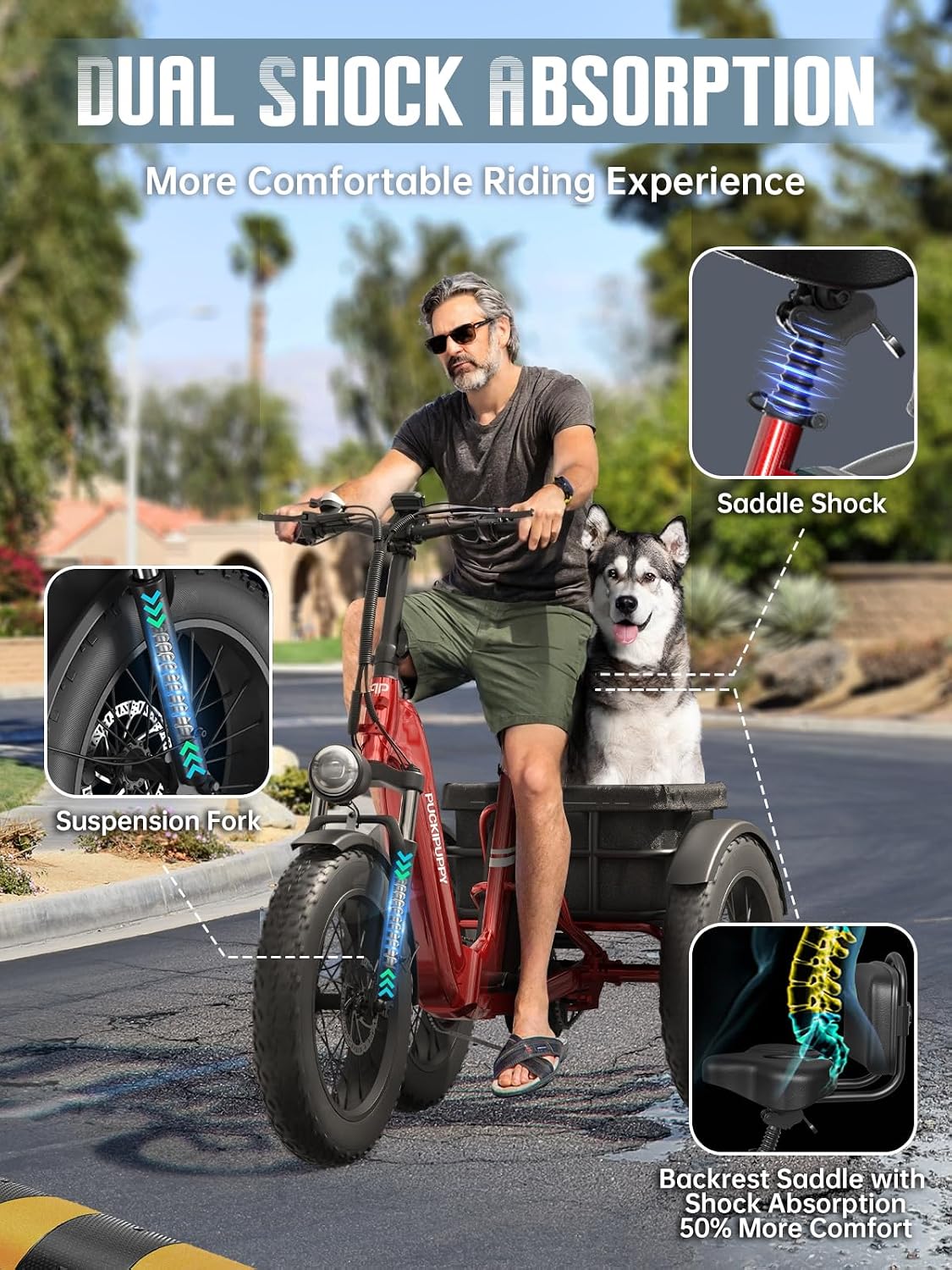 PUCKIPUPPY Dual Battery Electric Tricycle with 110-Mile High Range, 960W Peak Motor Pickup Class Trike, 500lb Load Capacity, 20'' Fat Tires and Large Basket for City and Mountain Trails, Husky Plus