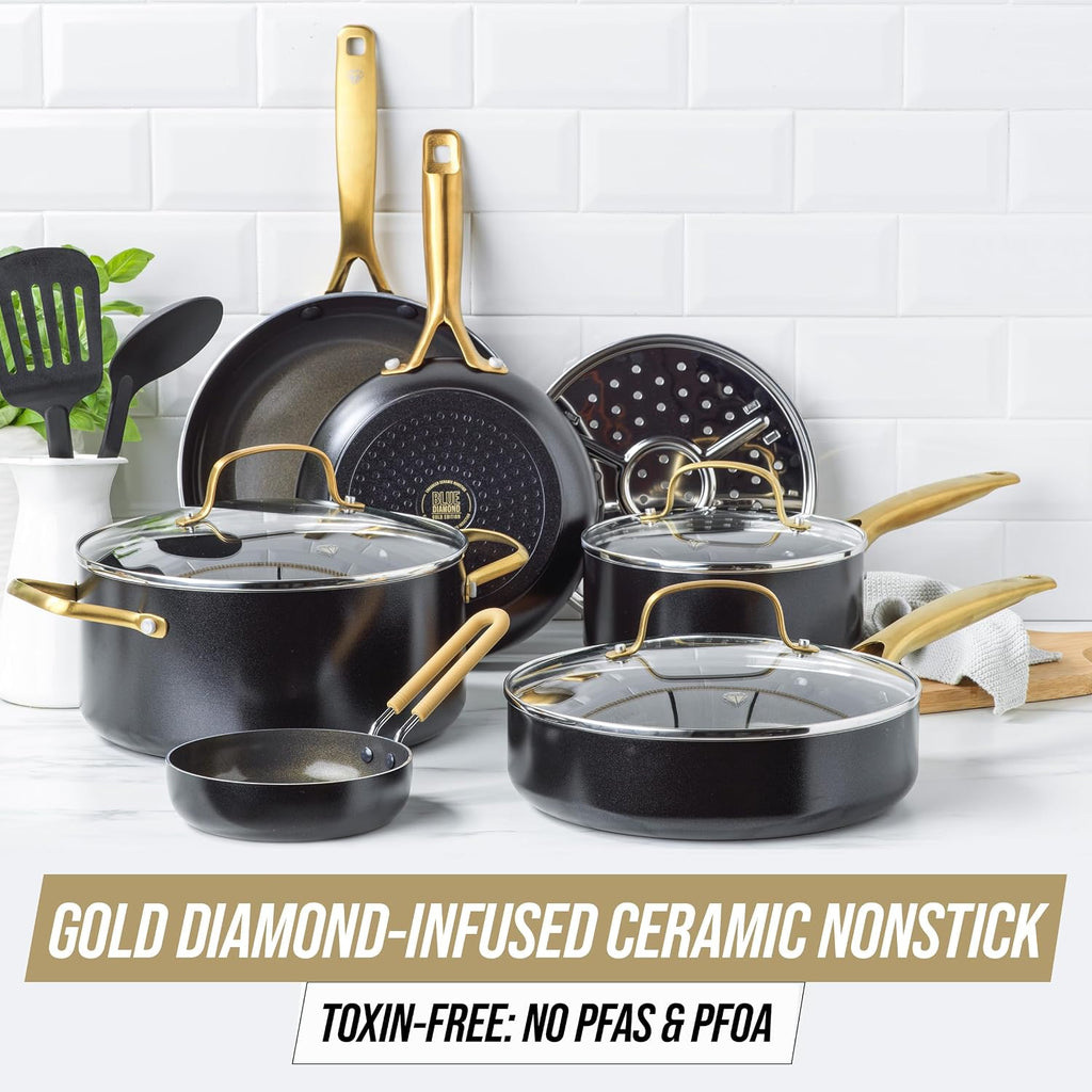Blue Diamond Gold 12 Piece Cookware Set, PFAS-Free Ceramic Nonstick Pots & Pans, Induction Ready for All Cooktops, Kitchen Serving Utensils, Dishwasher Safe, Black