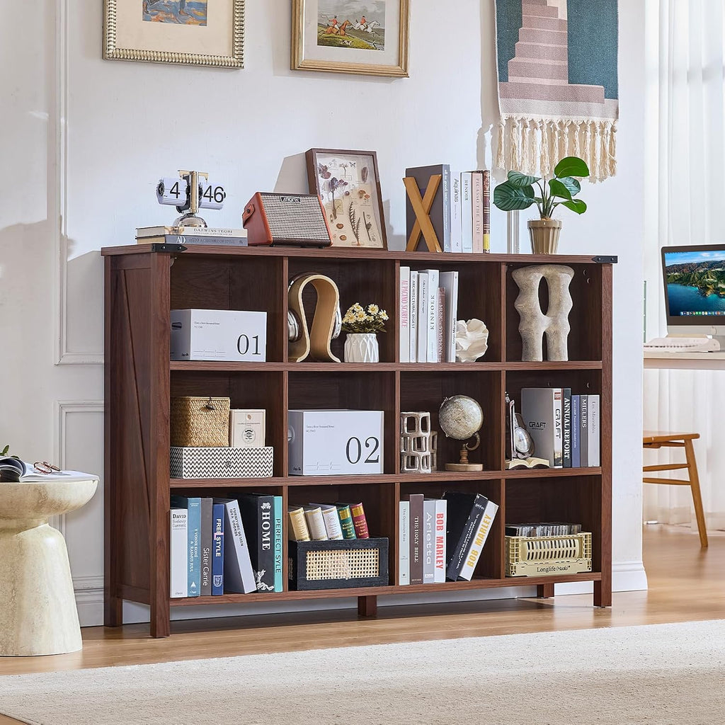Joaxswe 12 Cube Storage Organizer, Farmhouse 62 Inch Wide Brown Walnut Display Bookshelf, Wooden 3 Tier Large Open Book Shelf, Vintage Bookcase for Home Office, Cubby Cabinet for Living Room, Office