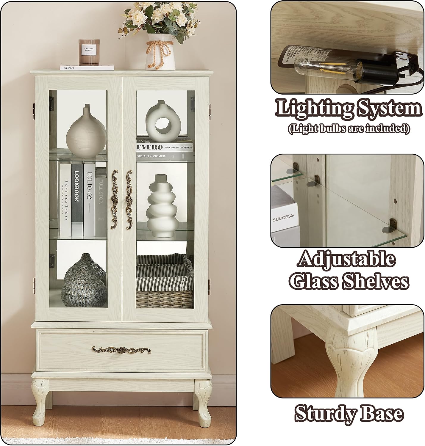51' H Lighted Curio Cabinet Display Case, Glass Curio Cabinet with Adjustable Shelves,Tempered Glass Door and Drawer, Wooden Cabinets w/Mirrored Back Pane for Living Room (Antique White)