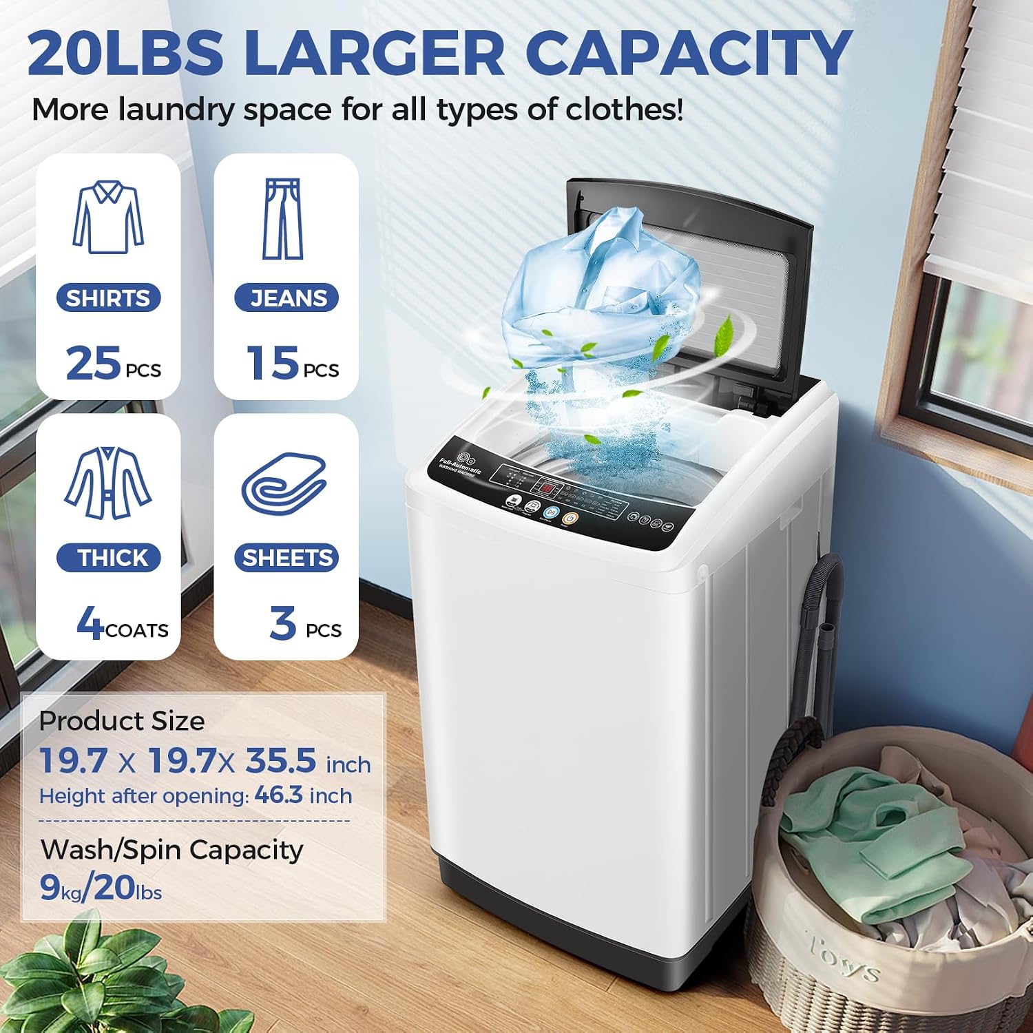 Nictemaw Portable Washing Machine 20Lbs Portable Washer Machine with Drain Pump, 2.8 Cu.ft Washer and Dryer Combo with 10 Programs 8 Water Levels Compact Washer for Apartments- Slow-Close Glass Cover