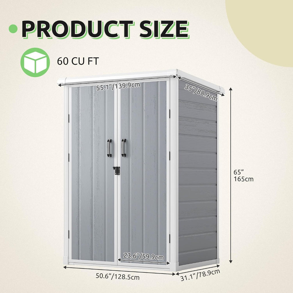 GOOBED Outdoor Storage Shed with 2 Adjustable Shelves, 49 Cu Ft Waterproof Vertical Garden Tool Shed with Lockable Door, Plastic Tall Tool Cabinet for Backyard Garden Patio Lawn, Gray