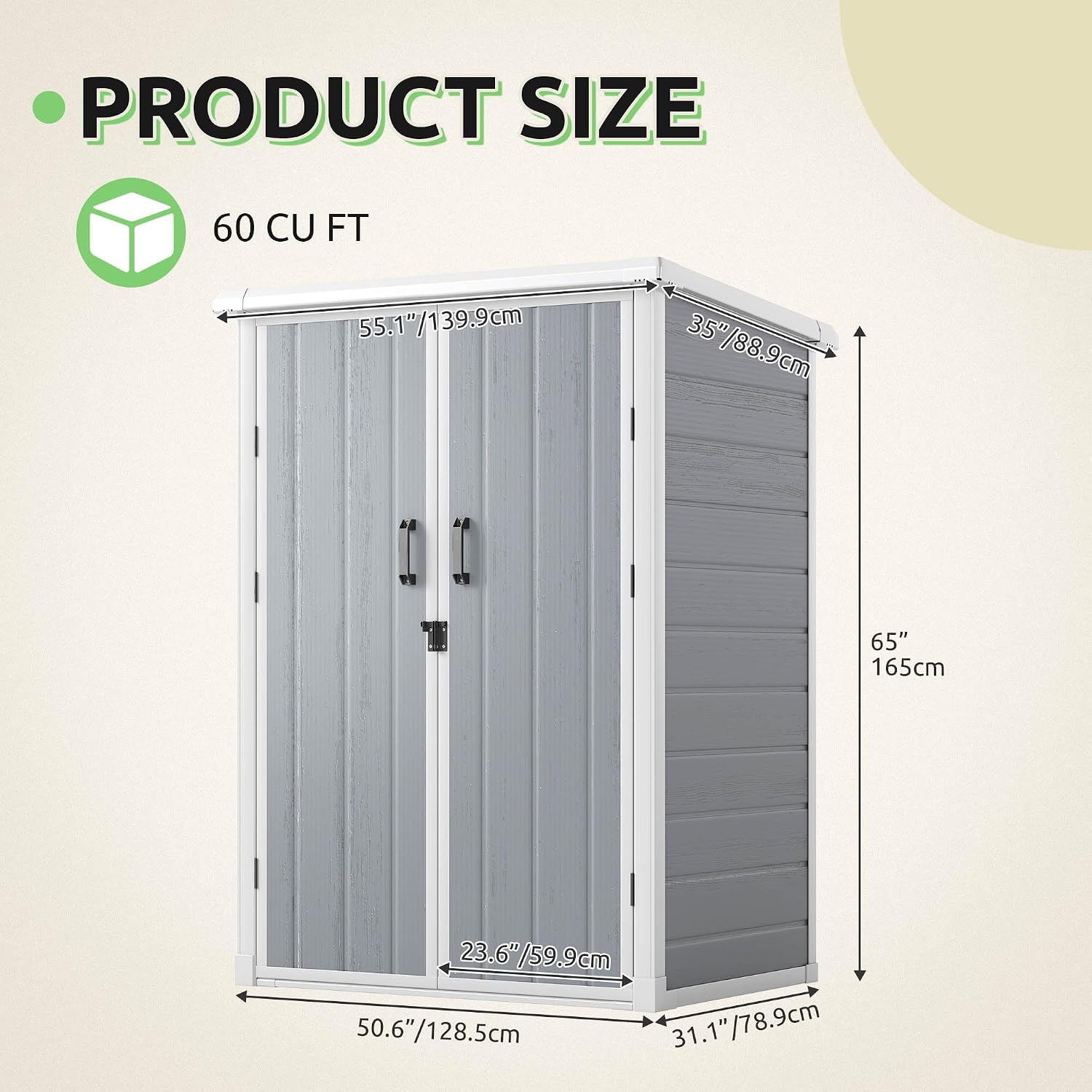 GOOBED Outdoor Storage Shed with 2 Adjustable Shelves, 49 Cu Ft Waterproof Vertical Garden Tool Shed with Lockable Door, Plastic Tall Tool Cabinet for Backyard Garden Patio Lawn, Gray
