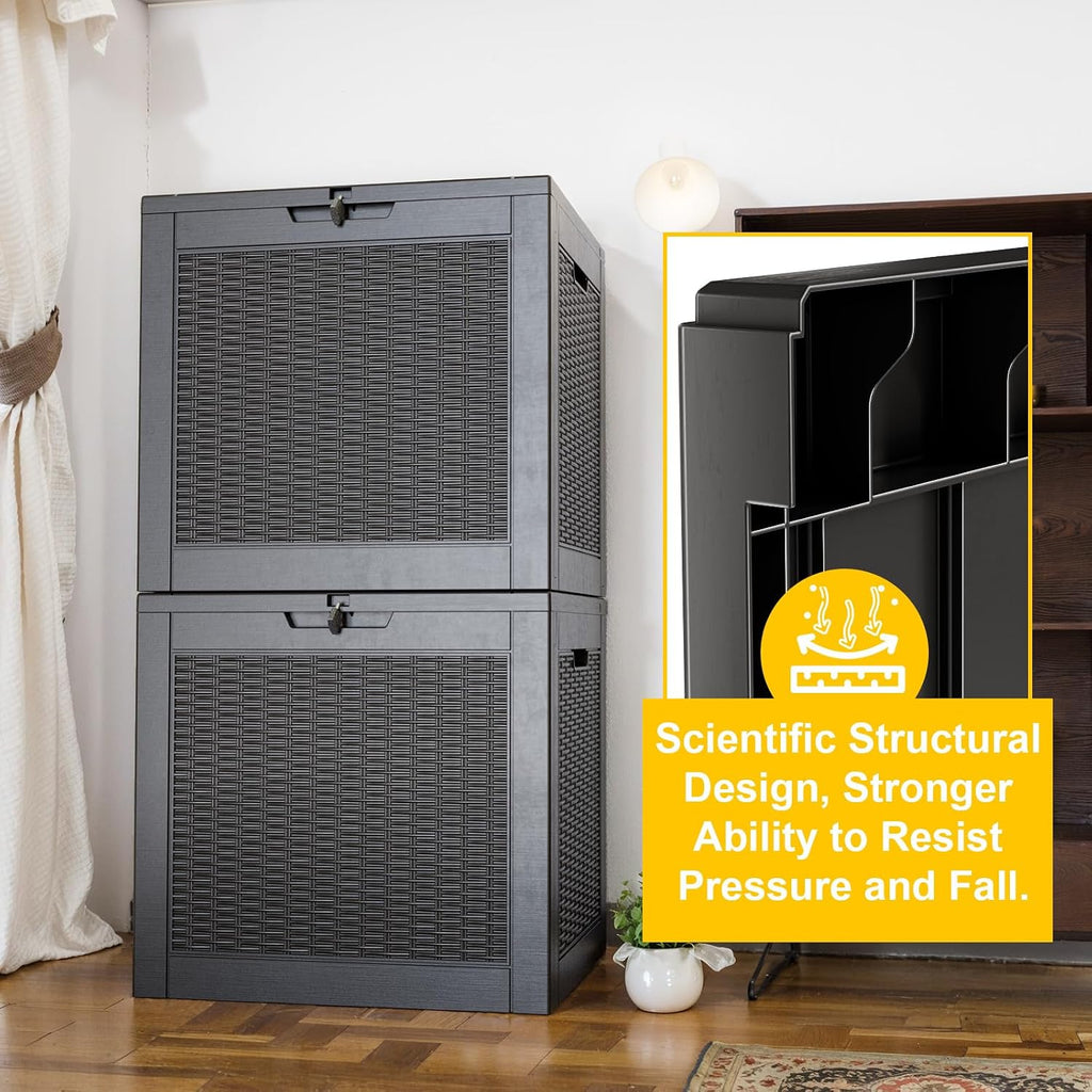 31 Gallon Waterproof Outdoor Resin Deck Box with Lockable Lid, Stylish Wicker Pattern, Easy Assembly Features and Convenient Handles for Patio Cushion, and other Patio Furniture (Black)