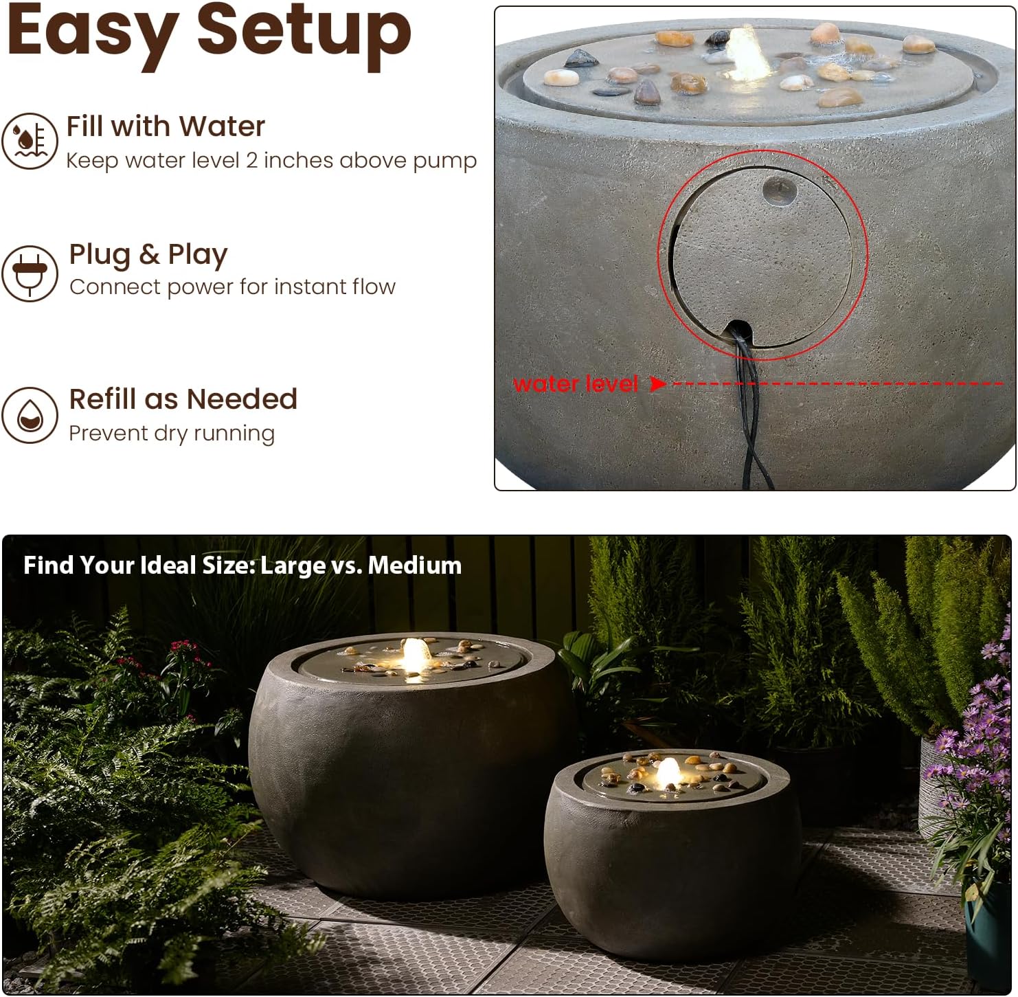 Tankana Garden Water Fountain Outdoor Large Round Bubbler Water Feature Indoor with Lights & Pump and Pebbles Concrete Effect for Patio Pool Pond Yard Home Decor Gray, 25 'L X 25' W X 17.5' H