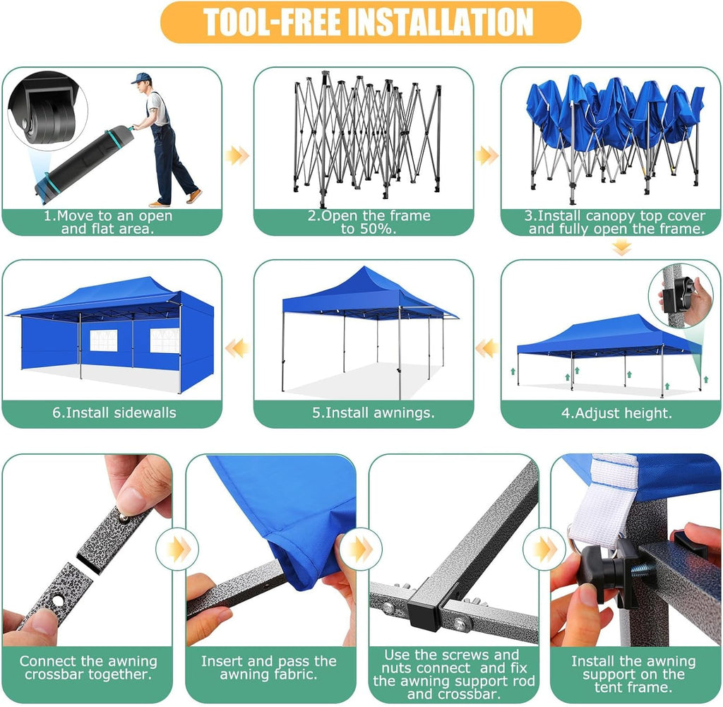 COBIZI 10x20 Pop Up Canopy Tent with Awning,Heavy Duty Canopy UPF 50+ All Season Wind Waterproof Commercial Outdoor Street Vendors Party Tents for Parties Canopy with Roller Bag(10 x 20 ft Blue)