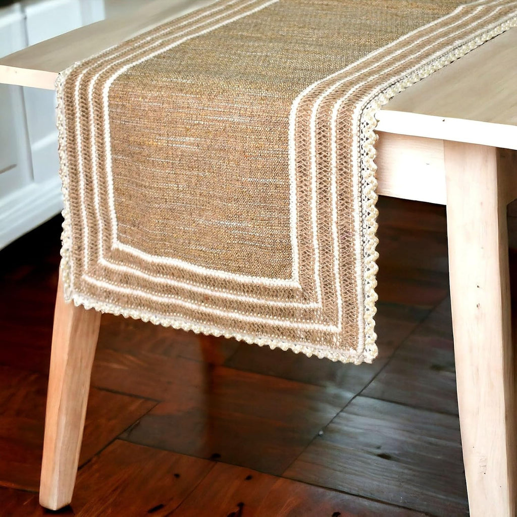 The HomeCentric Decorative Beige 8-10 Seater Table Runner 14 x 120 inch, Lace, Burlap, Moroccan, Boho, Jute, Solid Table Runner for Party, Dining, Outdoor, Kitchen, Contemporary - Jute Table Charm