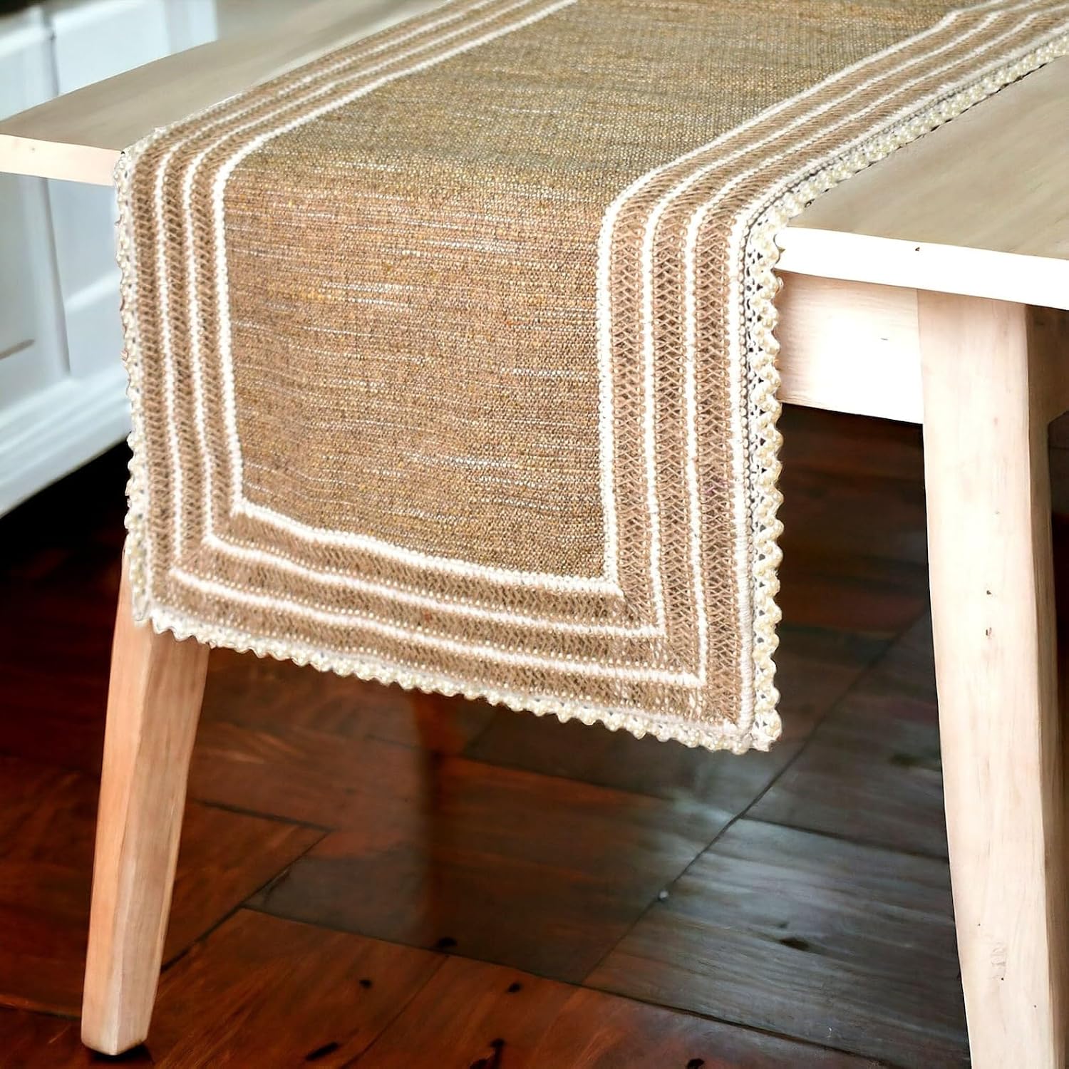 The HomeCentric Decorative Beige 8-10 Seater Table Runner 14 x 120 inch, Lace, Burlap, Moroccan, Boho, Jute, Solid Table Runner for Party, Dining, Outdoor, Kitchen, Contemporary - Jute Table Charm