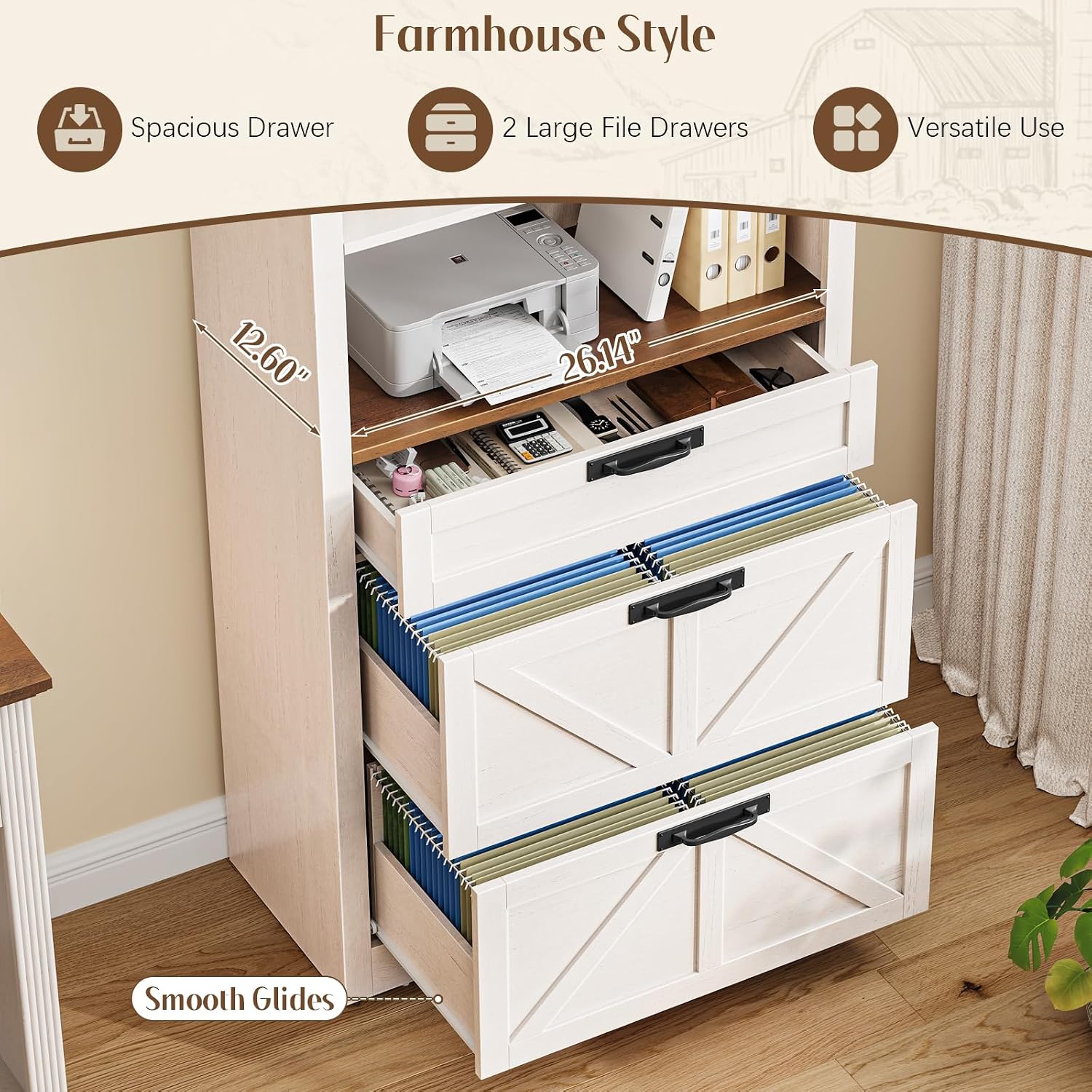 Vabches 71' Tall Arched Bookcase with File Cabinet Drawer, Farmhouse Freestanding Wooden Bookshelf, 3-Tier Large Open Display Storage Shelves for Home Office Living Room, Rustic White