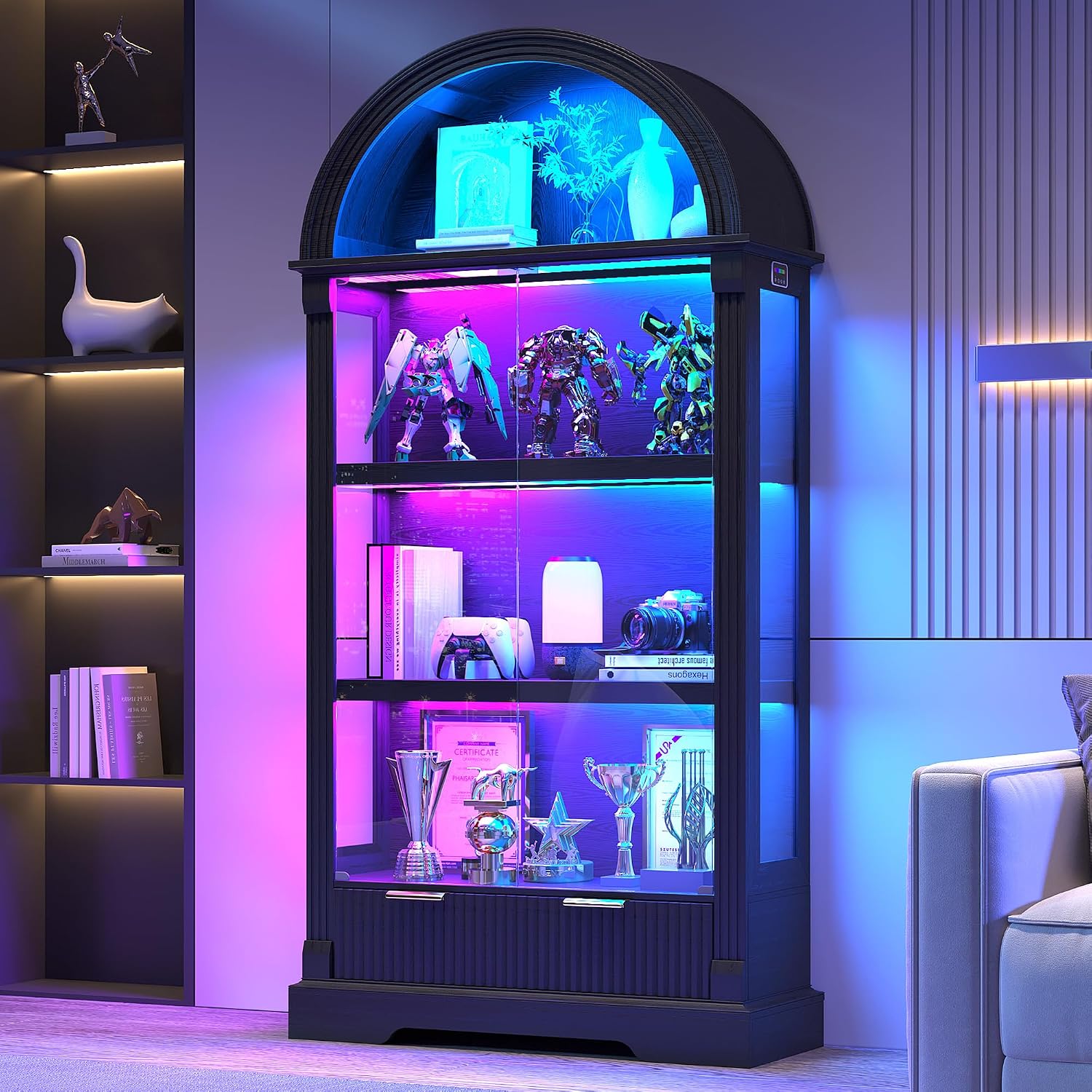 Dystler Curio Cabinet with RGB Lights, 72' Tall Arched Display Cabinet with Glass Doors, 4-Tier Large Shelf Display Case for Collectibles Bookcase Living Room, Black