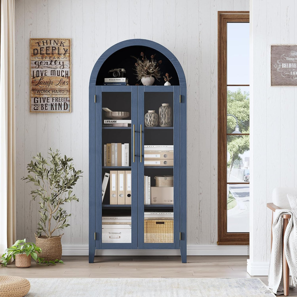 IDEALHOUSE Arched Kitchen Pantry Storage Cabinet - Farmhouse 5-Tier Display Shelf with 2 Large Glass Doors and Adjustable Shelf, Versatile Cupboard for Kitchen, Dining Room, Living Room, Night Blue